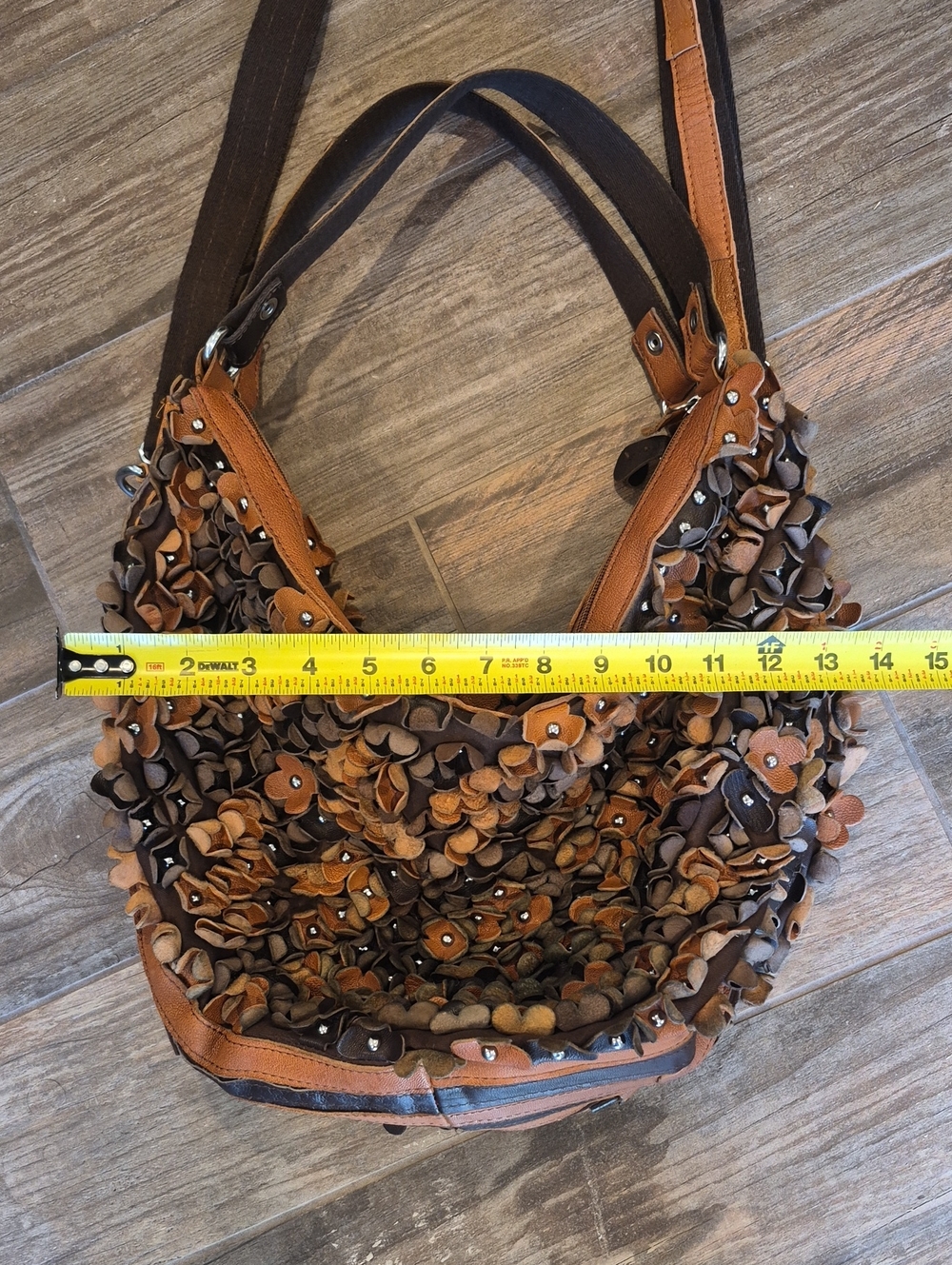 Boho 3D Leather Studded Flower Petal Hobo Crossbody Bag, Double Zipper Closure - Picture 11 of 15
